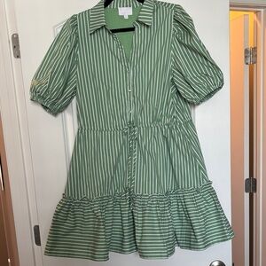 Sugarlips Striped Green Puff Sleeve Mini Dress